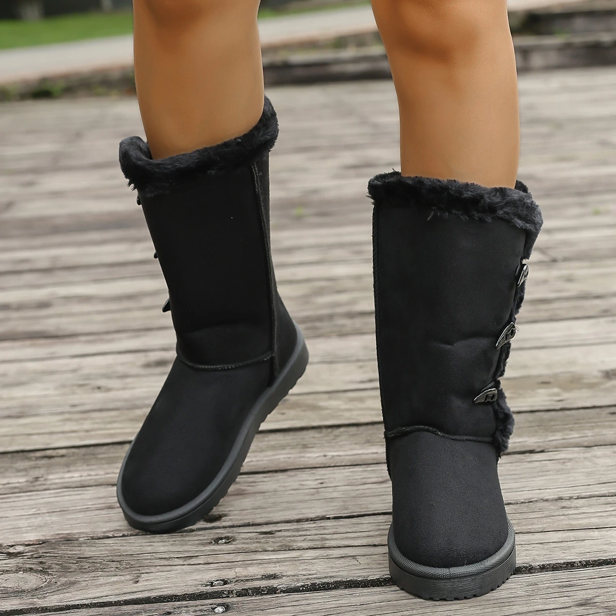 Women Snow Boots Winter Mid-calf Boots Warm Cotton Shoes Fashion Solid Color Button Ladies Brown Long Boots Plus Size 36-42