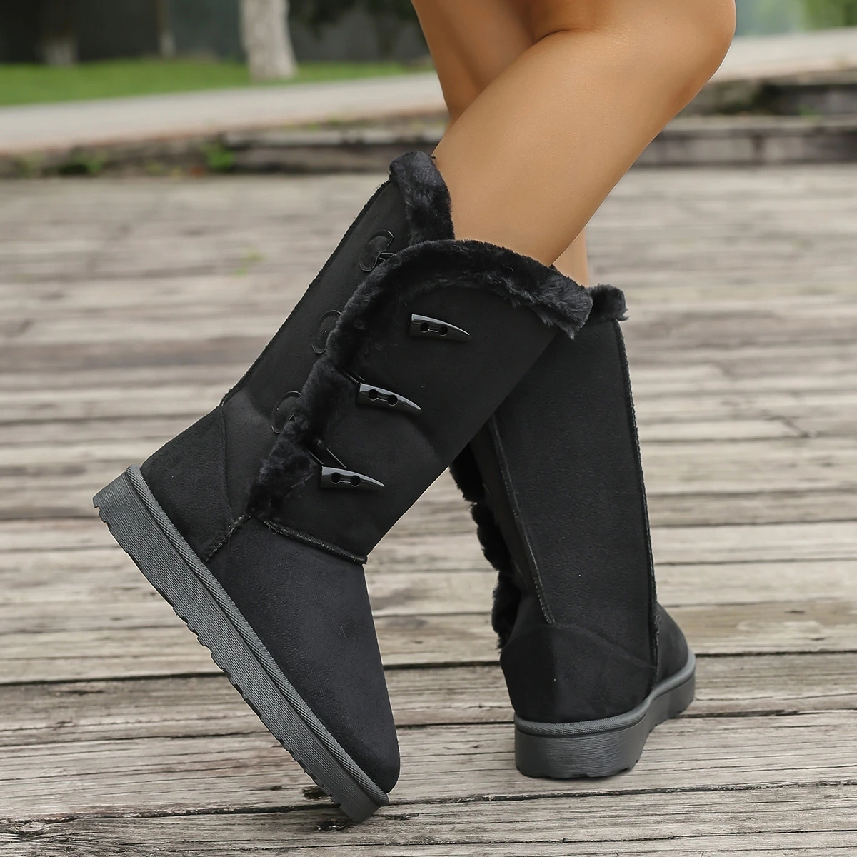 Women Snow Boots Winter Mid-calf Boots Warm Cotton Shoes Fashion Solid Color Button Ladies Brown Long Boots Plus Size 36-42