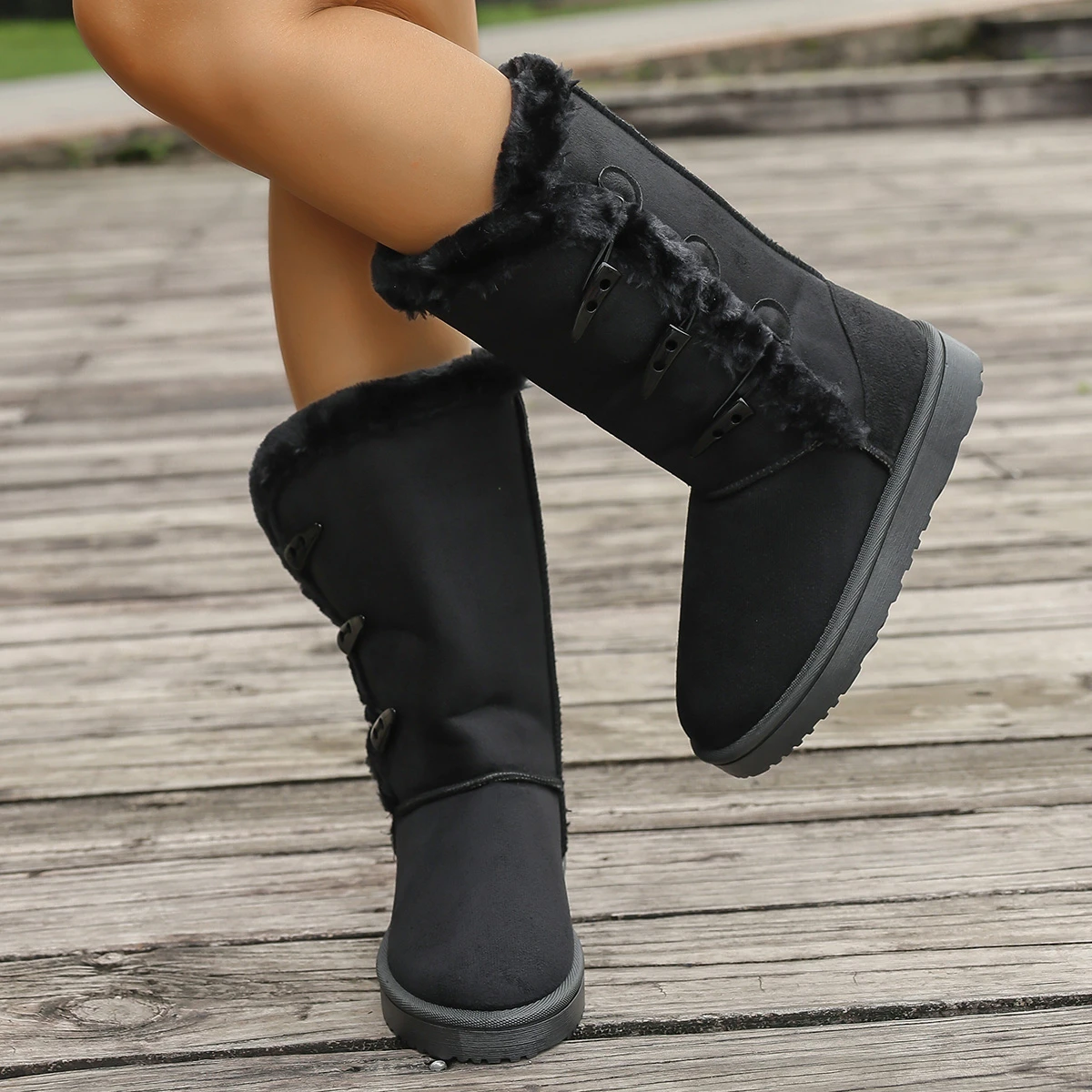 Women Snow Boots Winter Mid-calf Boots Warm Cotton Shoes Fashion Solid Color Button Ladies Brown Long Boots Plus Size 36-42
