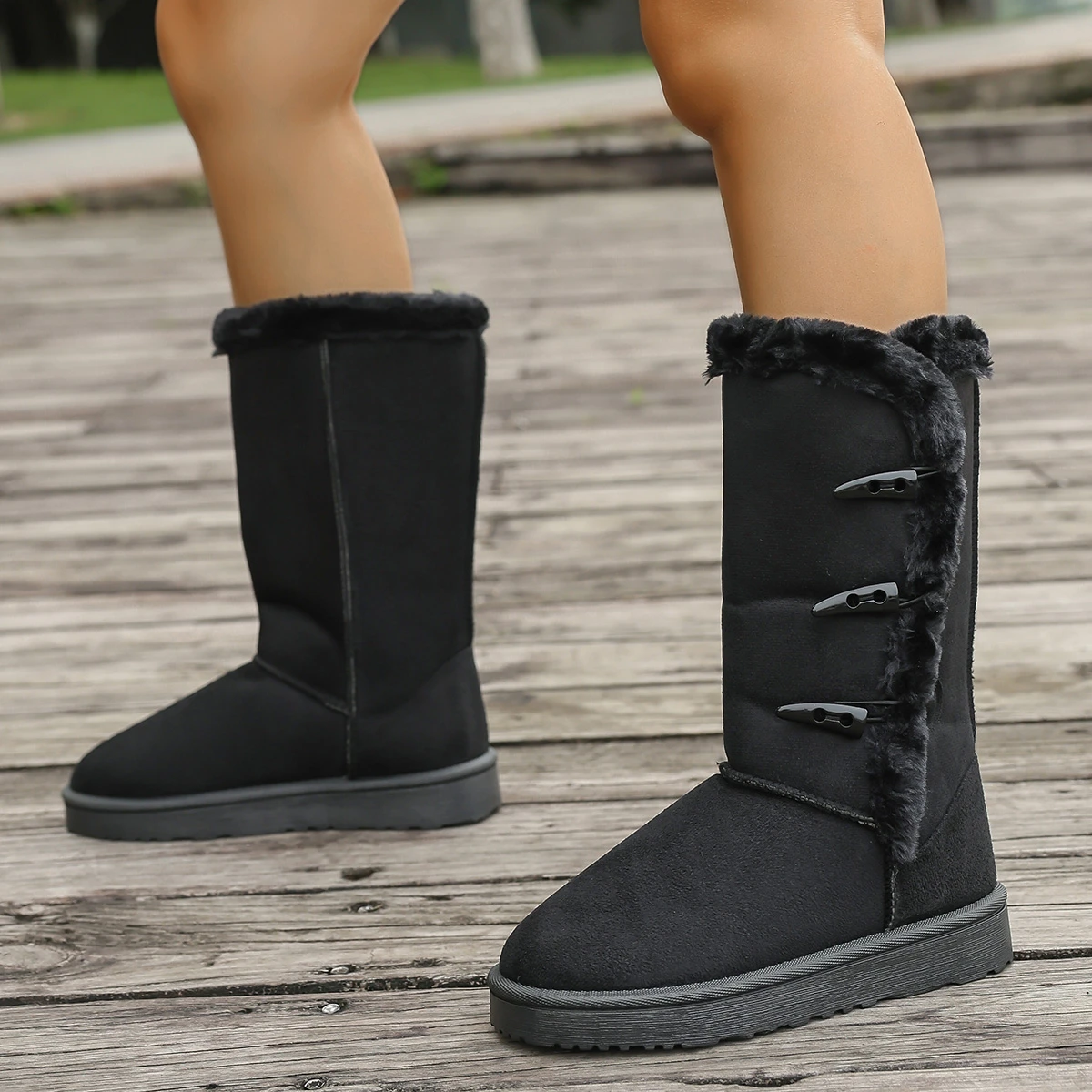 Women Snow Boots Winter Mid-calf Boots Warm Cotton Shoes Fashion Solid Color Button Ladies Brown Long Boots Plus Size 36-42