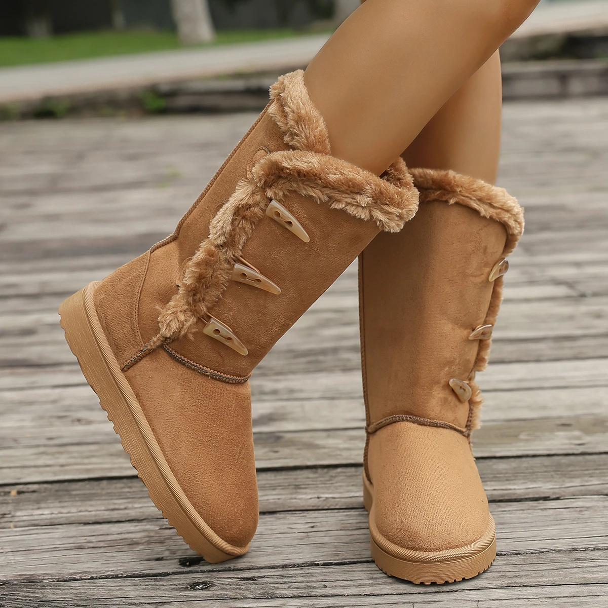 Women Snow Boots Winter Mid-calf Boots Warm Cotton Shoes Fashion Solid Color Button Ladies Brown Long Boots Plus Size 36-42