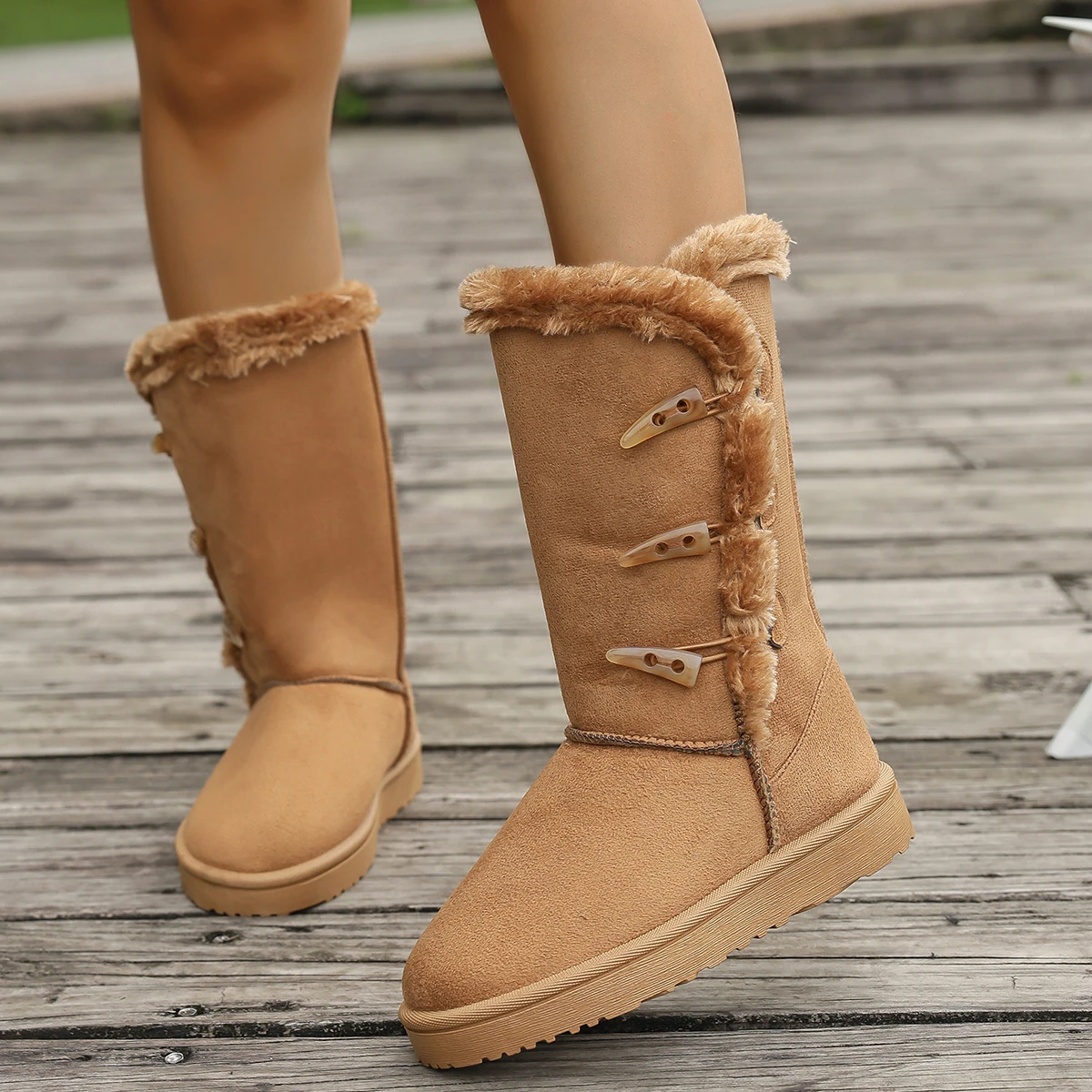 Women Snow Boots Winter Mid-calf Boots Warm Cotton Shoes Fashion Solid Color Button Ladies Brown Long Boots Plus Size 36-42