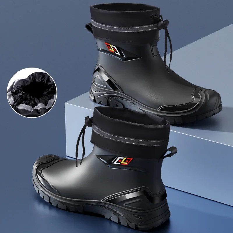 Men's Outdoor Work Rain Boots British Style Anti-Slip Waterproof Drawstring Drum Mouth Universal Four Season Comfortable Fit