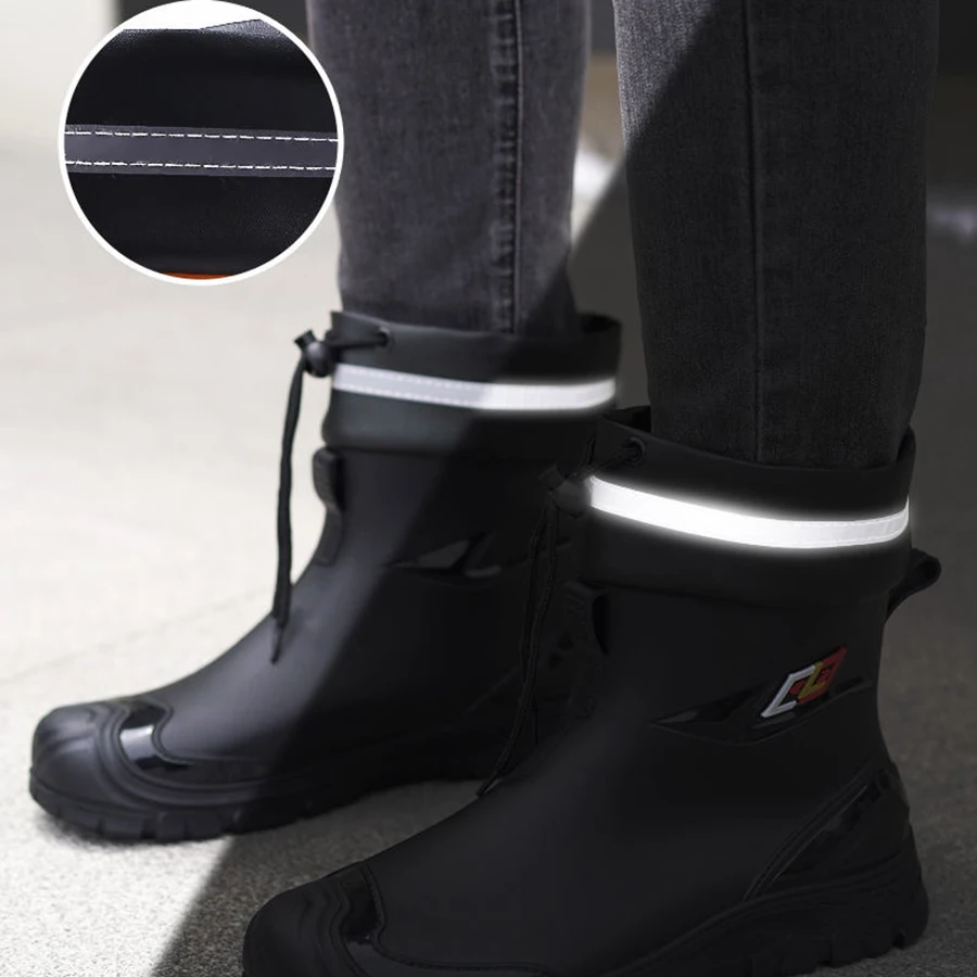 Men's Outdoor Work Rain Boots British Style Anti-Slip Waterproof Drawstring Drum Mouth Universal Four Season Comfortable Fit