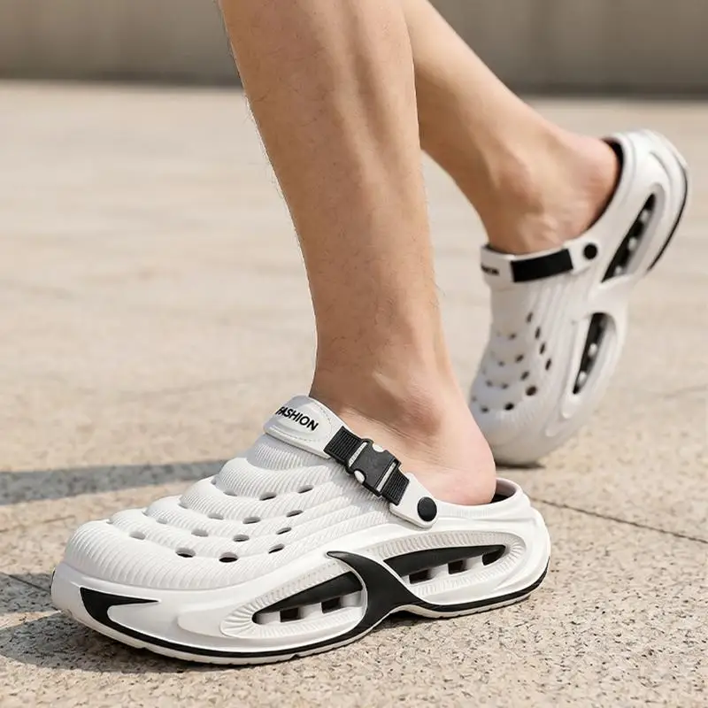 Comfort Thick Bottom Height Increase Clogs Men Summer 2026 Patchwork EVA Beach Sandals Plus Size Soft Air Cushion Slippers Men