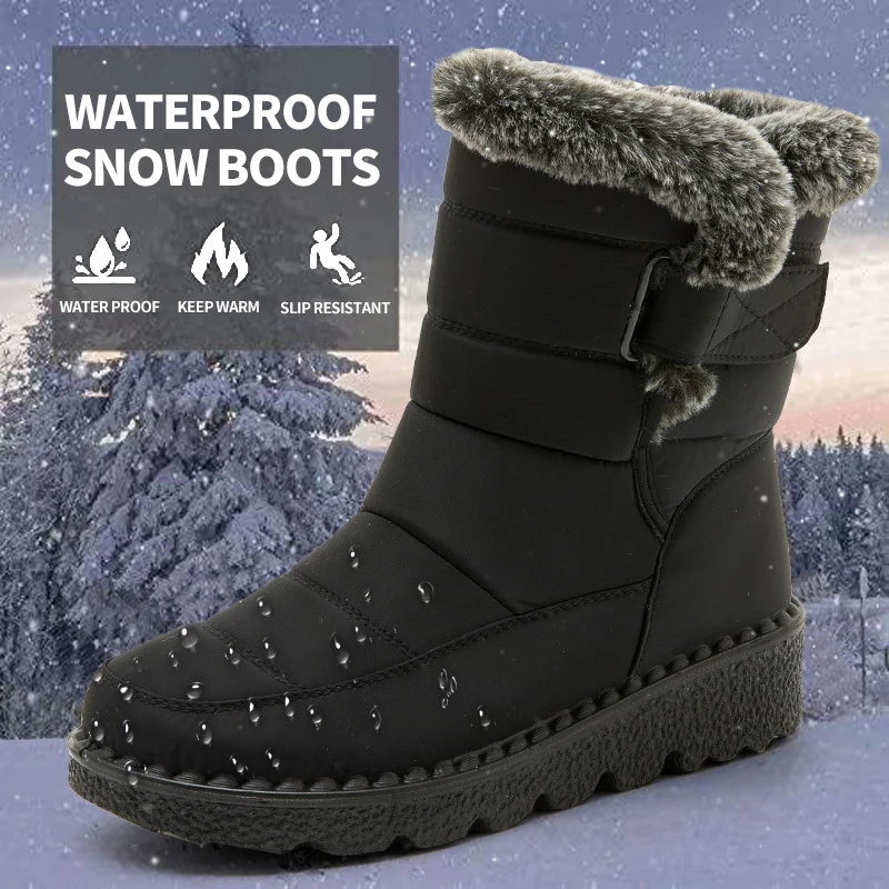 Windproof Waterproof Platform Snow Boots Women Keep Warm Thick Plush Winter Shoes Woman Non Slip Cotton Ankle Boots Plus Size 44