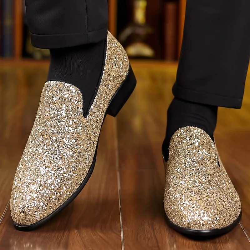 Luxury Loafers Men Shoes Gold Silver Sequin Wedding Shoes Fashion Designer Slip on Flats High Quality Men Formal Party Shoes New
