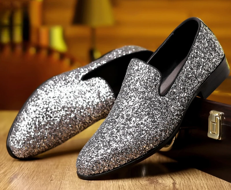 Luxury Loafers Men Shoes Gold Silver Sequin Wedding Shoes Fashion Designer Slip on Flats High Quality Men Formal Party Shoes New