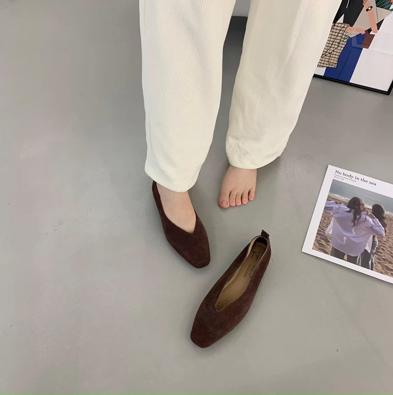 36-42 Over size sexy coffee pointed toe flats ballet shoes women european slip on single loafers brand velvet ballerina zapatos