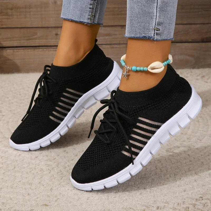 New Women Casual Flats Ladies Sport Shoes Woman Slip On Lace-Up Shoes All Color Chunky Sole Fashion Fly Knitting Mesh Shoes