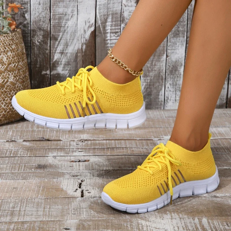 New Women Casual Flats Ladies Sport Shoes Woman Slip On Lace-Up Shoes All Color Chunky Sole Fashion Fly Knitting Mesh Shoes