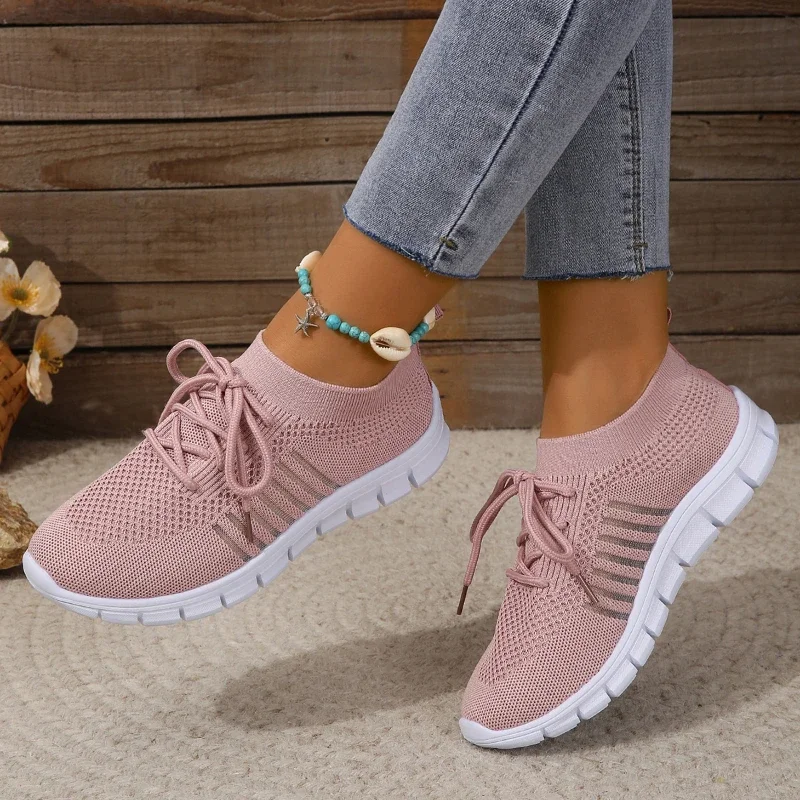 New Women Casual Flats Ladies Sport Shoes Woman Slip On Lace-Up Shoes All Color Chunky Sole Fashion Fly Knitting Mesh Shoes