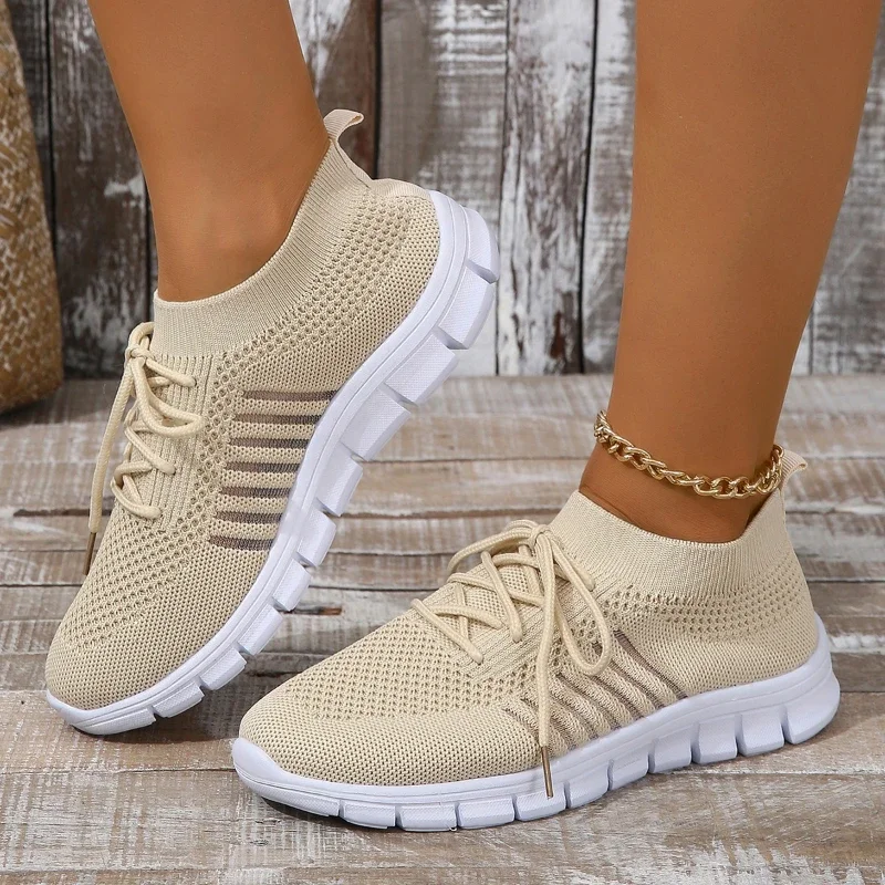 New Women Casual Flats Ladies Sport Shoes Woman Slip On Lace-Up Shoes All Color Chunky Sole Fashion Fly Knitting Mesh Shoes