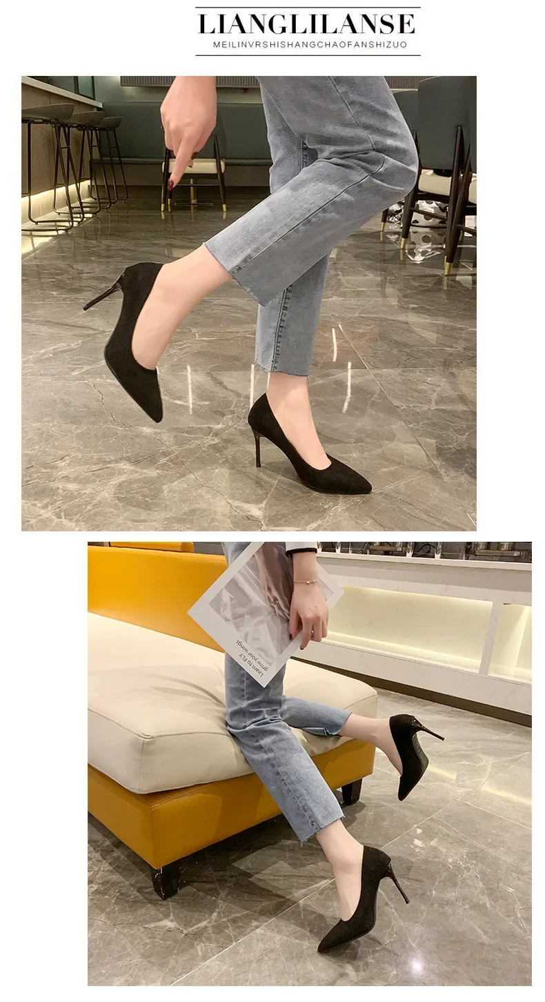 Spring and Autumn New Black High Heels Female Shallow Mouth Pointed Thin with Sexy Temperament Single Shoes Zapatos De Mujer