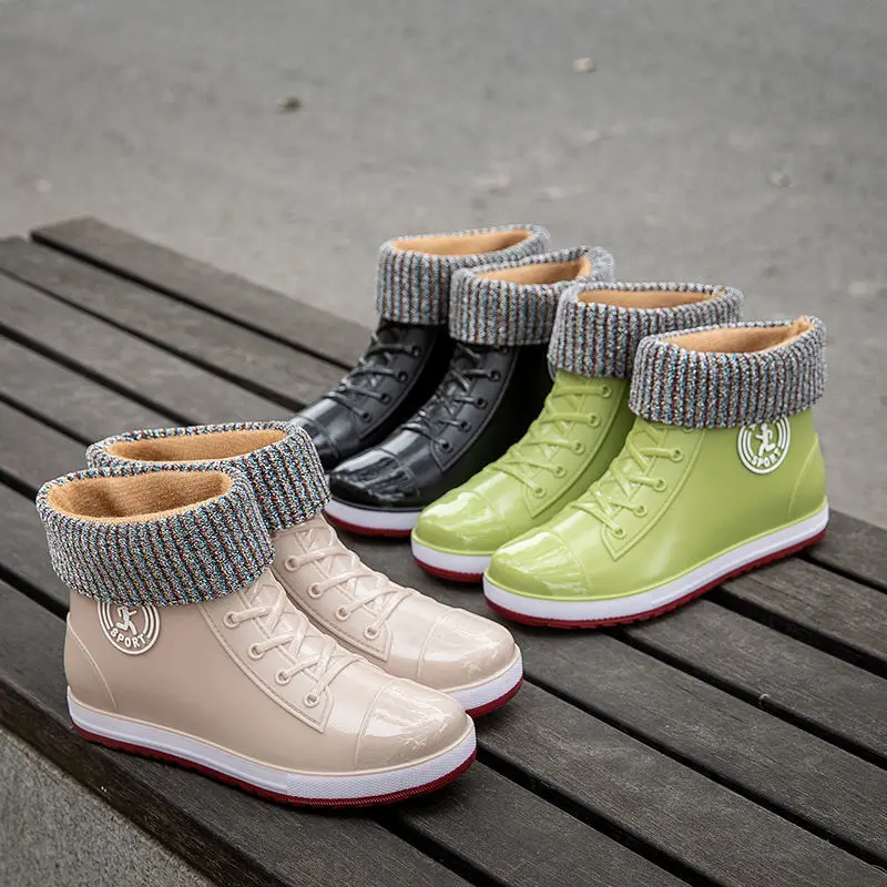 Women's Beige Galoshes Waterproof Ankle Rain Boots Woman Korean Style Loose Rainboots Water Shoes Ladies New Wide Toe Rain Shoes