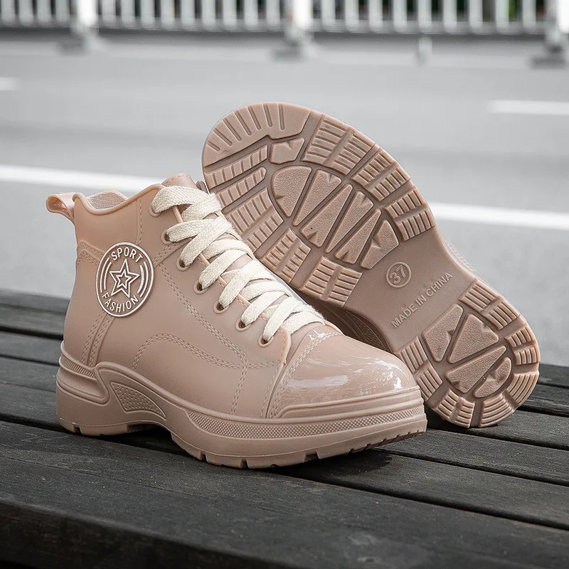 Women's Beige Galoshes Waterproof Ankle Rain Boots Woman Korean Style Loose Rainboots Water Shoes Ladies New Wide Toe Rain Shoes
