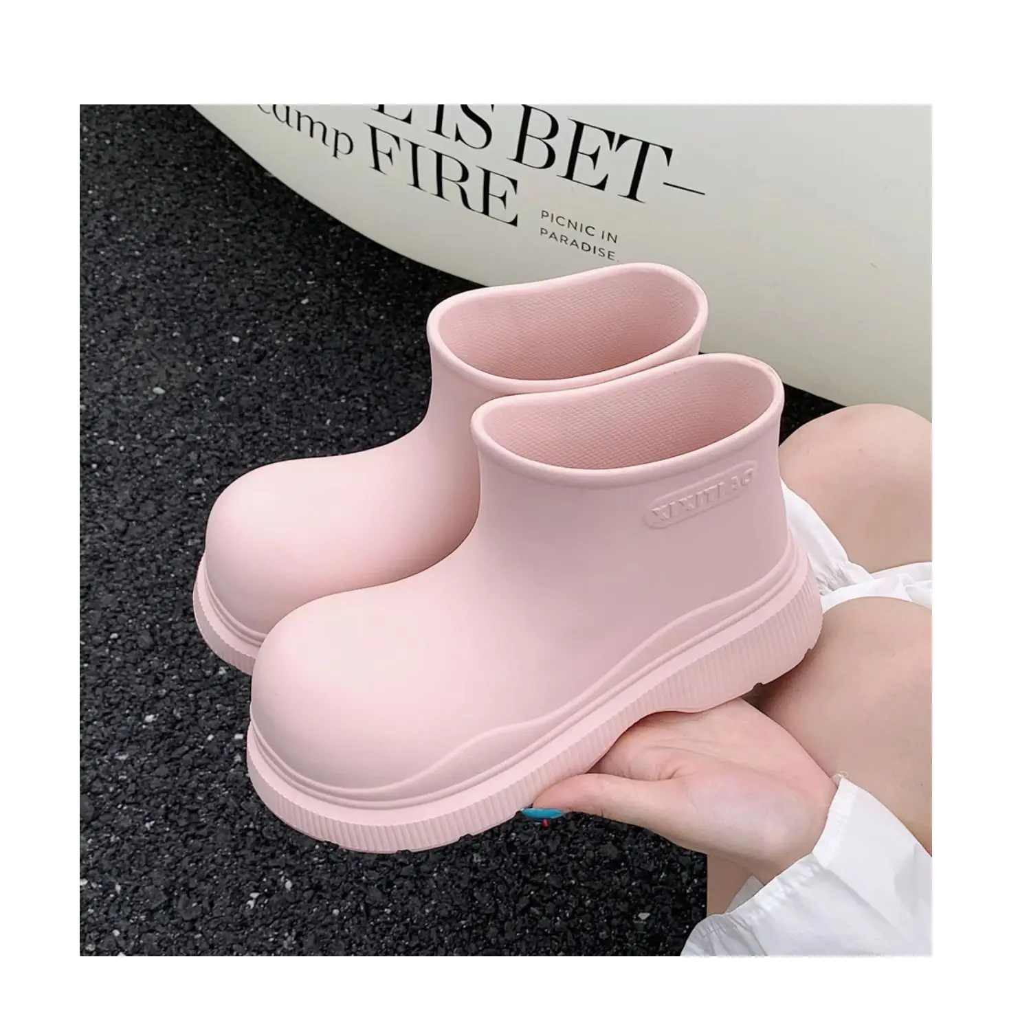 Women's Beige Galoshes Waterproof Ankle Rain Boots Woman Korean Style Loose Rainboots Water Shoes Ladies New Wide Toe Rain Shoes