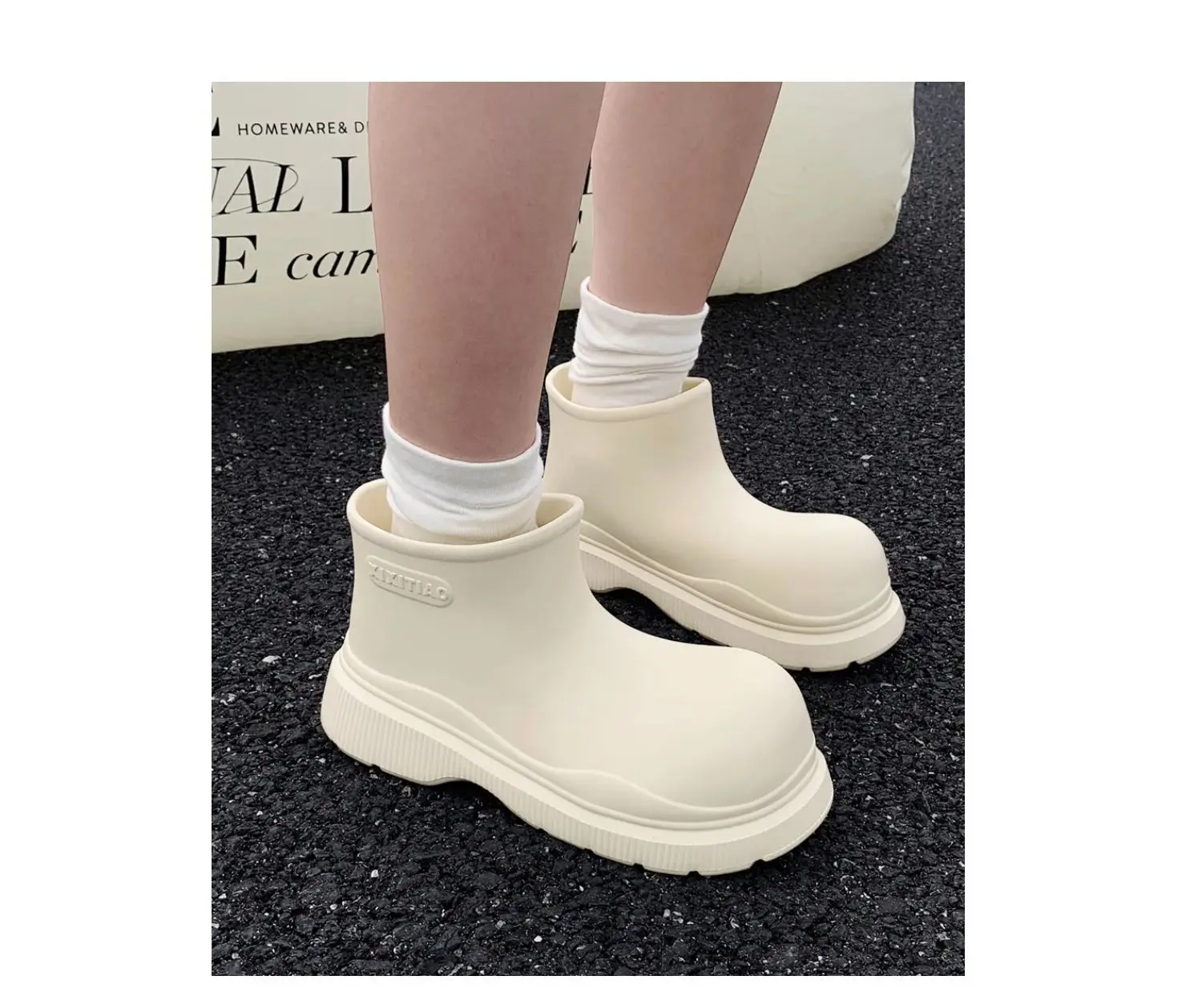 Women's Beige Galoshes Waterproof Ankle Rain Boots Woman Korean Style Loose Rainboots Water Shoes Ladies New Wide Toe Rain Shoes