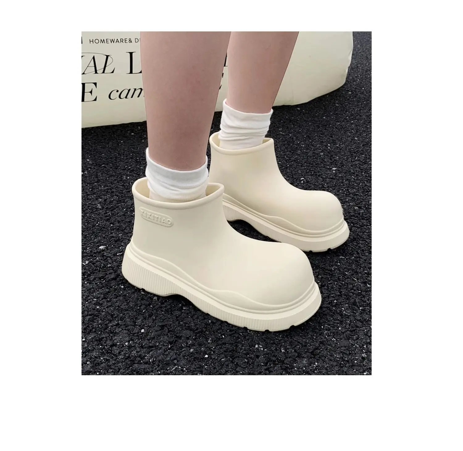 Women's Beige Galoshes Waterproof Ankle Rain Boots Woman Korean Style Loose Rainboots Water Shoes Ladies New Wide Toe Rain Shoes