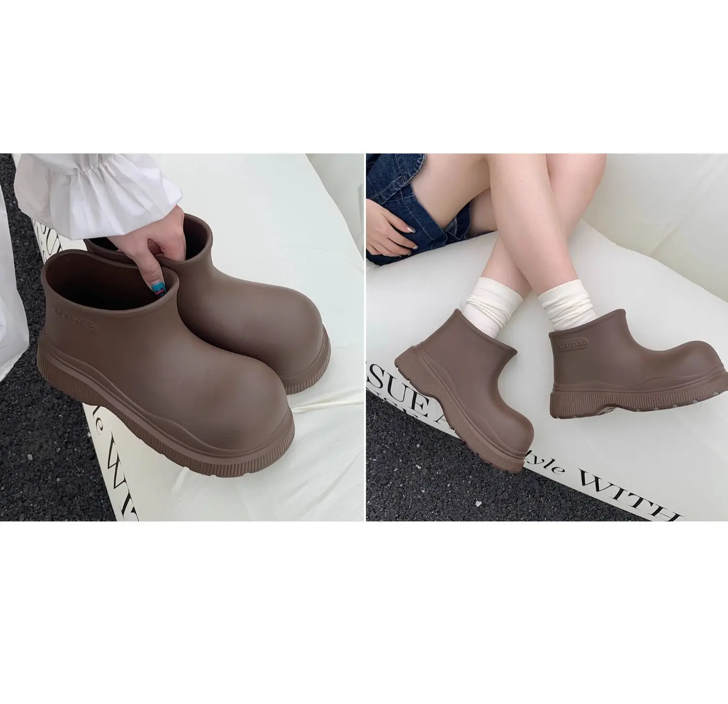 Women's Beige Galoshes Waterproof Ankle Rain Boots Woman Korean Style Loose Rainboots Water Shoes Ladies New Wide Toe Rain Shoes