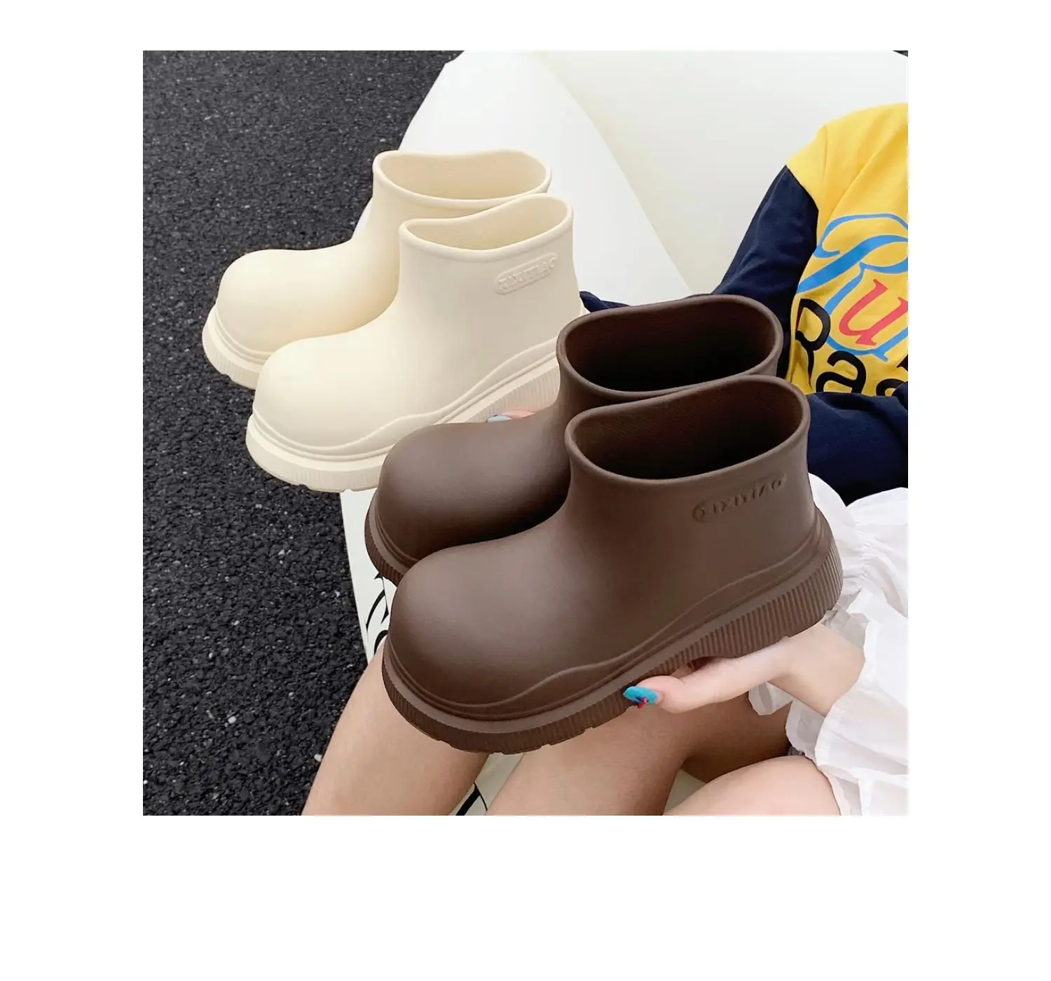 Women's Beige Galoshes Waterproof Ankle Rain Boots Woman Korean Style Loose Rainboots Water Shoes Ladies New Wide Toe Rain Shoes