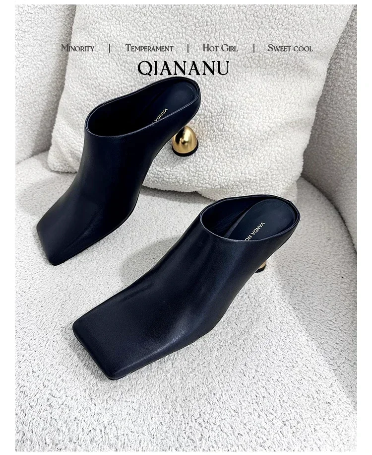 Retro Square Headed Wine Glasses and Slippers for Women in Summer 2025, New Style for Wearing Half Drag High Heels for Women
