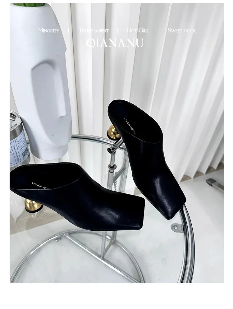 Retro Square Headed Wine Glasses and Slippers for Women in Summer 2025, New Style for Wearing Half Drag High Heels for Women
