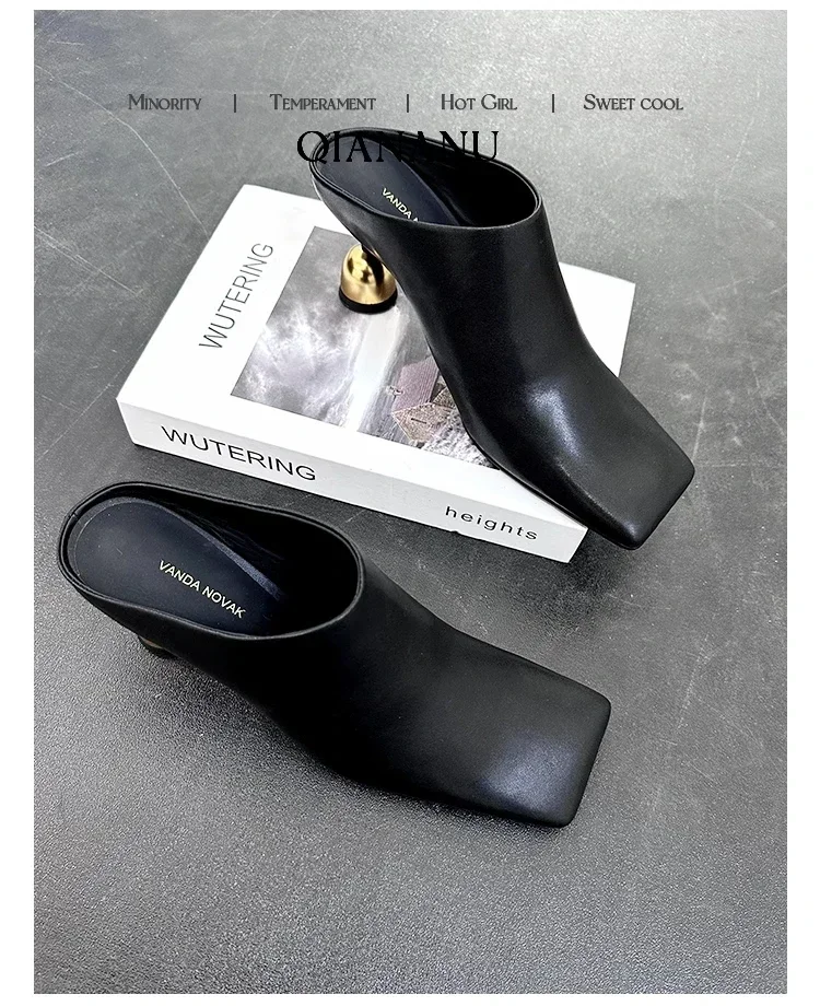 Retro Square Headed Wine Glasses and Slippers for Women in Summer 2025, New Style for Wearing Half Drag High Heels for Women