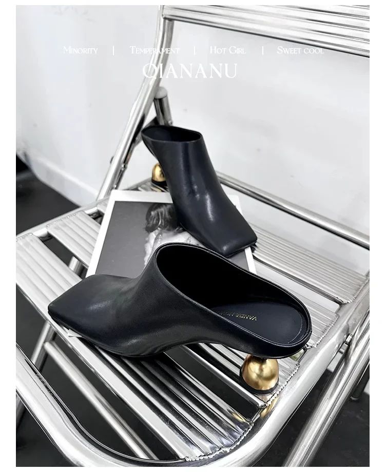 Retro Square Headed Wine Glasses and Slippers for Women in Summer 2025, New Style for Wearing Half Drag High Heels for Women