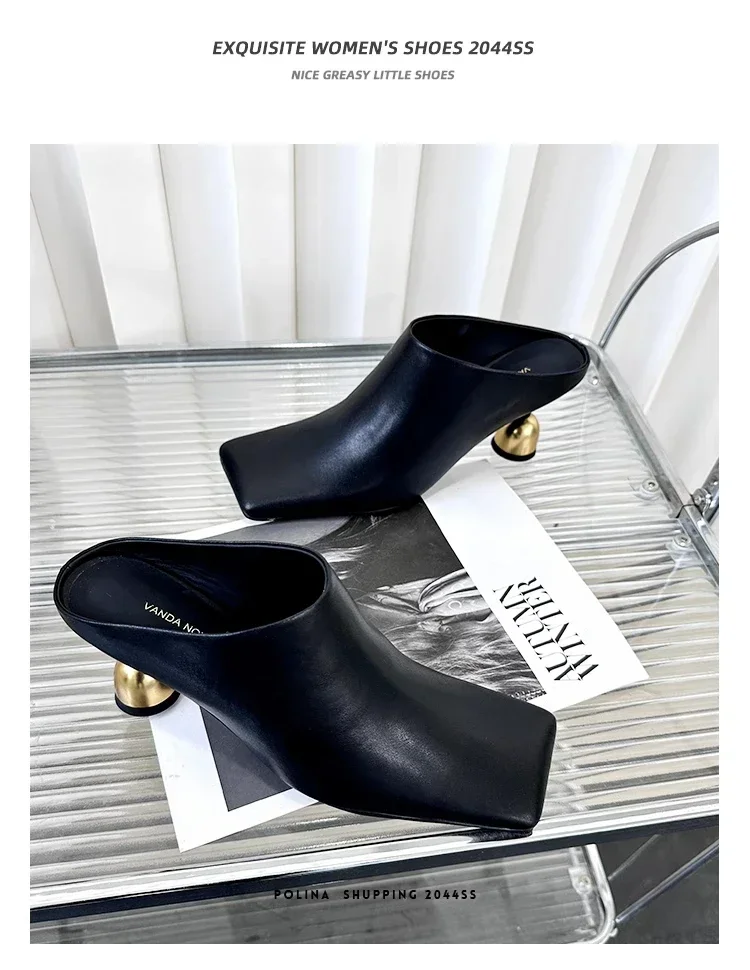 Retro Square Headed Wine Glasses and Slippers for Women in Summer 2025, New Style for Wearing Half Drag High Heels for Women