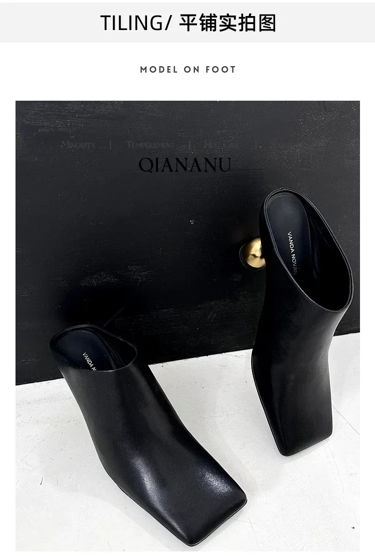 Retro Square Headed Wine Glasses and Slippers for Women in Summer 2025, New Style for Wearing Half Drag High Heels for Women