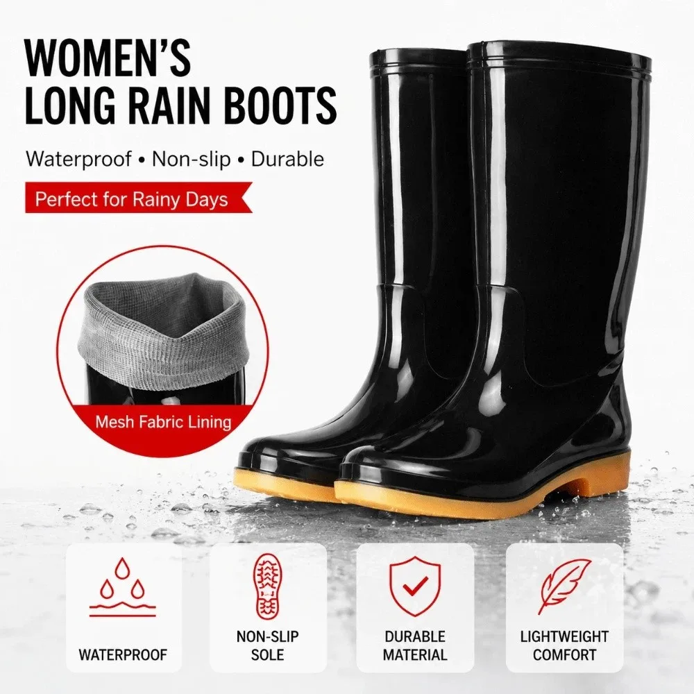 Non-slip Women's Long Rain Boots Waterproof High-Top Garden Rain Shoes Durable Lightweight Water Shoes For Outdoors,Kitchen,Work