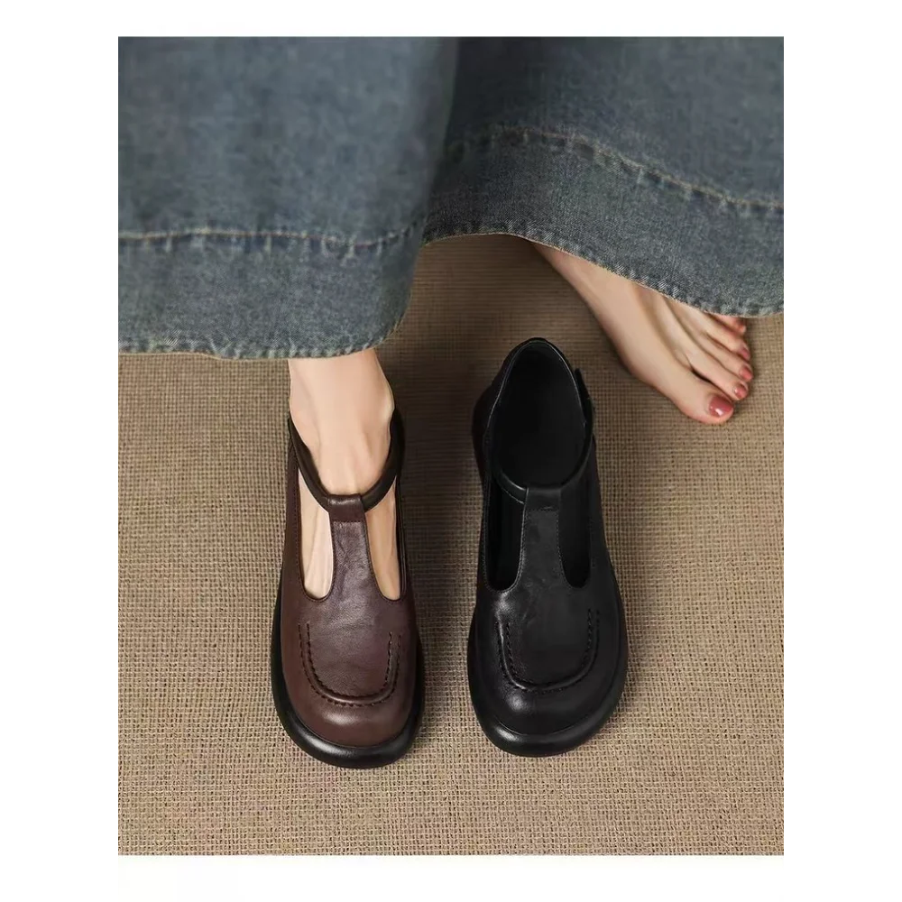 Vintage ChocolateBrown Round Toe Mary Jane Flats Soft Leather Slip-On Loafers Comfortable Casual Shoes Backless Mules Streetwear
