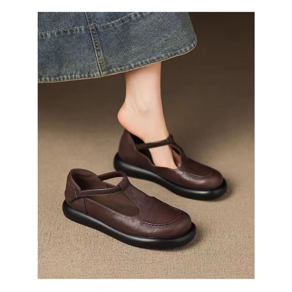 Vintage ChocolateBrown Round Toe Mary Jane Flats Soft Leather Slip-On Loafers Comfortable Casual Shoes Backless Mules Streetwear