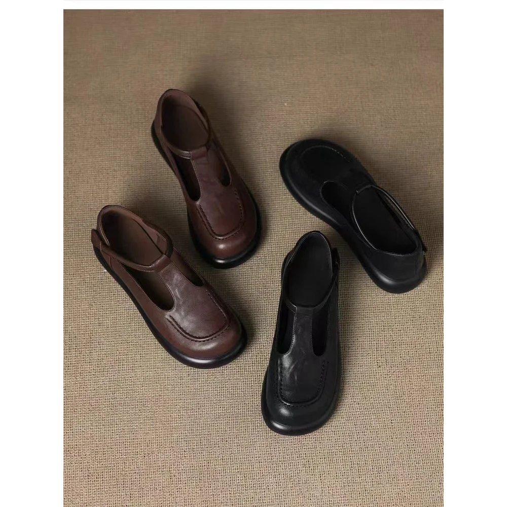 Vintage ChocolateBrown Round Toe Mary Jane Flats Soft Leather Slip-On Loafers Comfortable Casual Shoes Backless Mules Streetwear