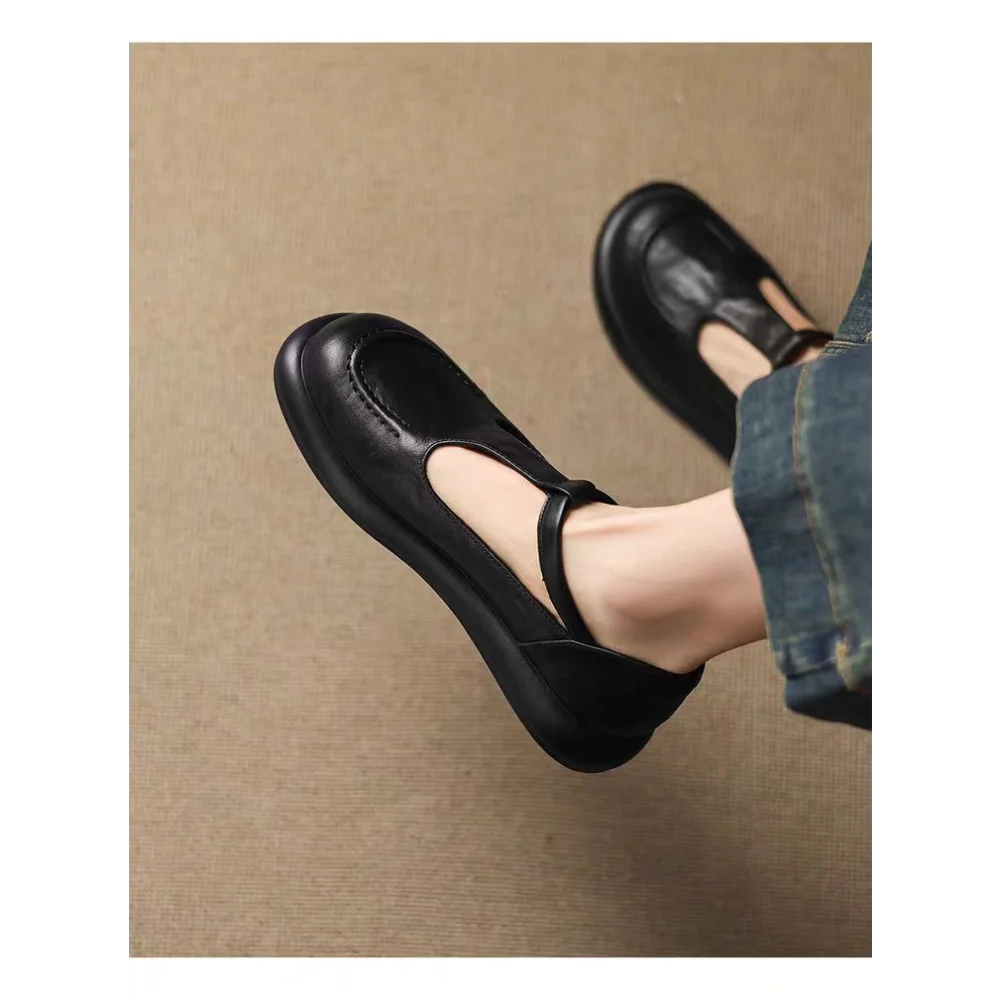 Vintage ChocolateBrown Round Toe Mary Jane Flats Soft Leather Slip-On Loafers Comfortable Casual Shoes Backless Mules Streetwear