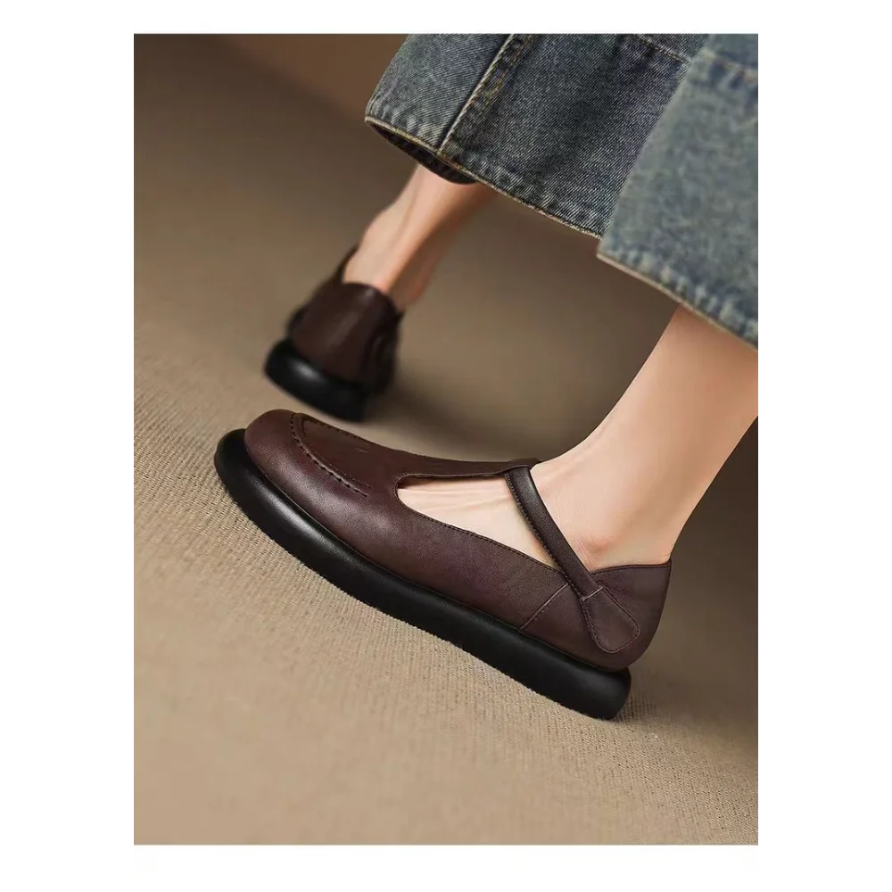 Vintage ChocolateBrown Round Toe Mary Jane Flats Soft Leather Slip-On Loafers Comfortable Casual Shoes Backless Mules Streetwear