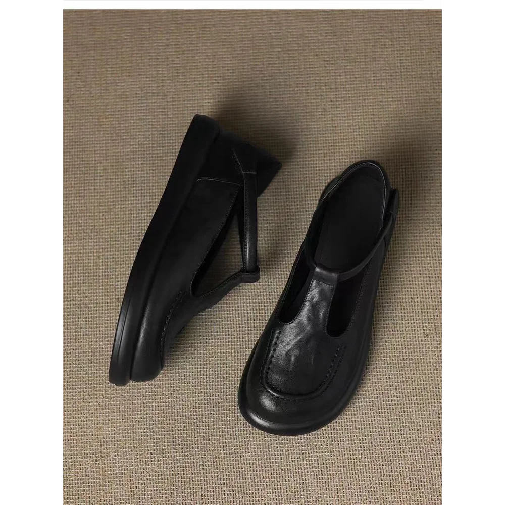 Vintage ChocolateBrown Round Toe Mary Jane Flats Soft Leather Slip-On Loafers Comfortable Casual Shoes Backless Mules Streetwear