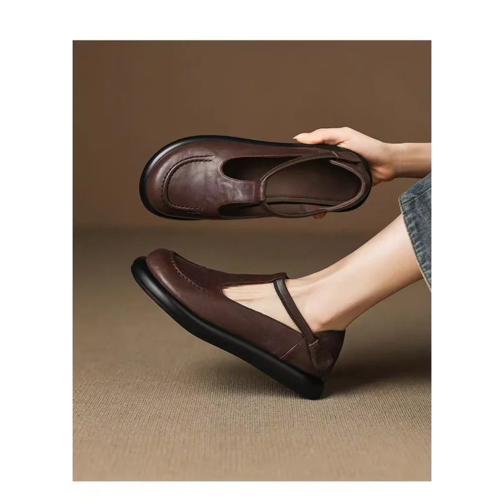Vintage ChocolateBrown Round Toe Mary Jane Flats Soft Leather Slip-On Loafers Comfortable Casual Shoes Backless Mules Streetwear