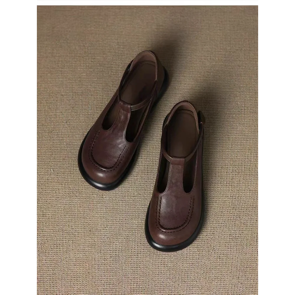 Vintage ChocolateBrown Round Toe Mary Jane Flats Soft Leather Slip-On Loafers Comfortable Casual Shoes Backless Mules Streetwear