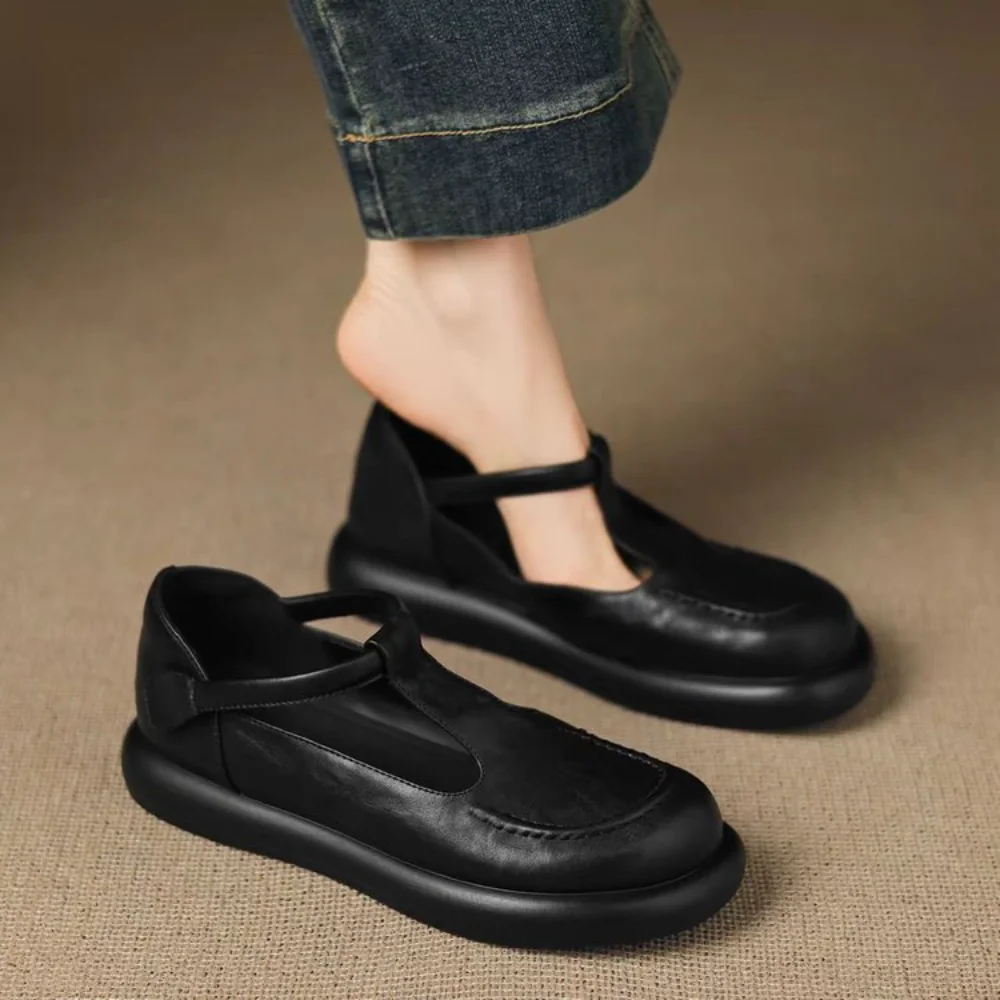 Vintage ChocolateBrown Round Toe Mary Jane Flats Soft Leather Slip-On Loafers Comfortable Casual Shoes Backless Mules Streetwear