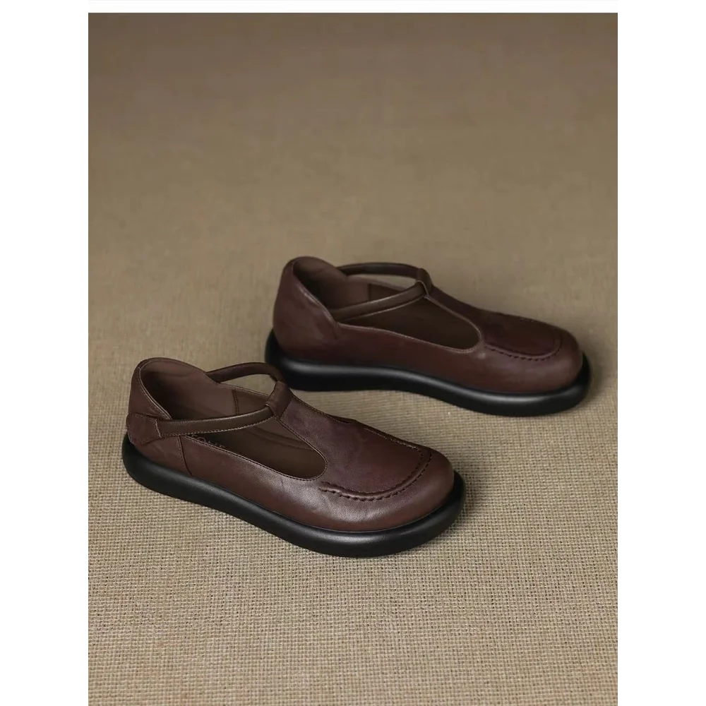 Vintage ChocolateBrown Round Toe Mary Jane Flats Soft Leather Slip-On Loafers Comfortable Casual Shoes Backless Mules Streetwear