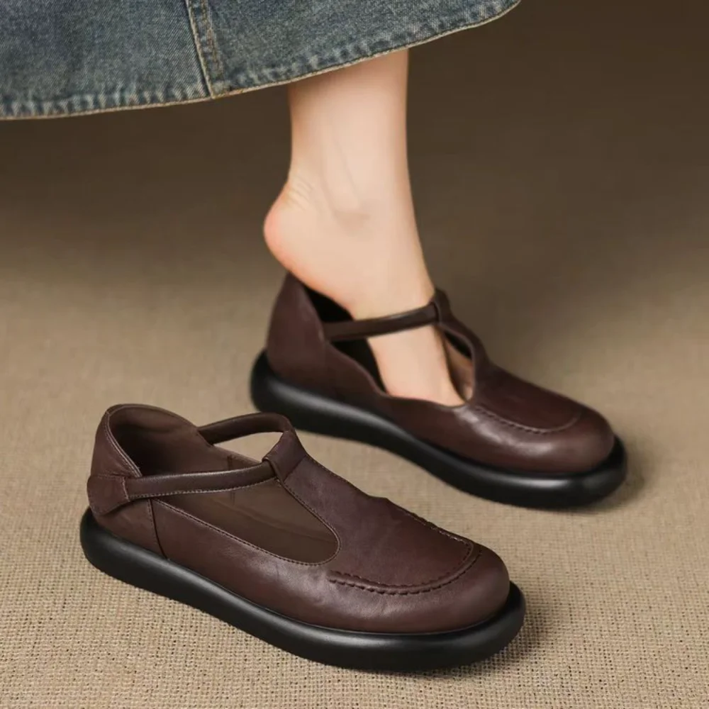 Vintage ChocolateBrown Round Toe Mary Jane Flats Soft Leather Slip-On Loafers Comfortable Casual Shoes Backless Mules Streetwear