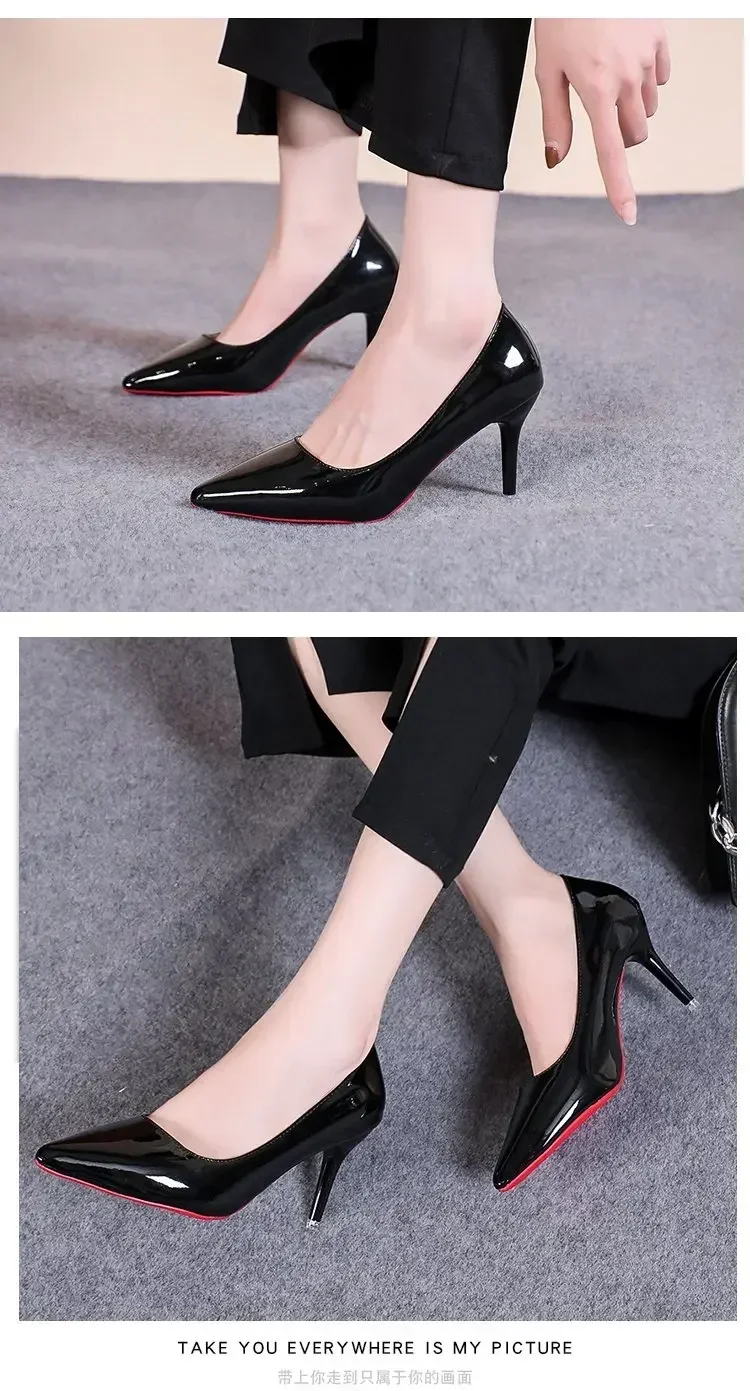 Sexy Pointed Toe Patent Leather High Heels Temperament Girl Sole Party Dress Stiletto Pumps Classic Black Work Single Shoes