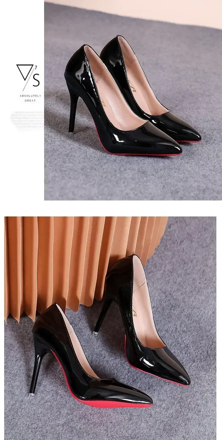 Sexy Pointed Toe Patent Leather High Heels Temperament Girl Sole Party Dress Stiletto Pumps Classic Black Work Single Shoes