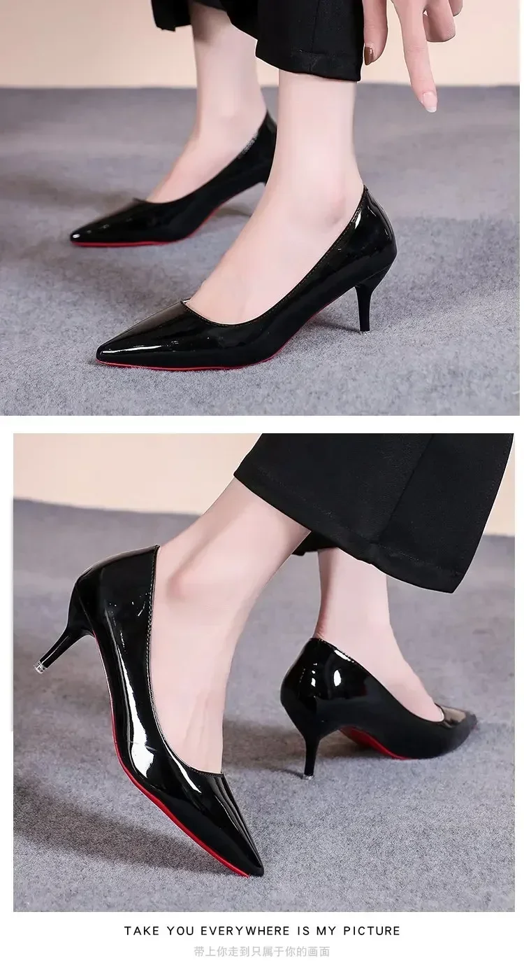 Sexy Pointed Toe Patent Leather High Heels Temperament Girl Sole Party Dress Stiletto Pumps Classic Black Work Single Shoes