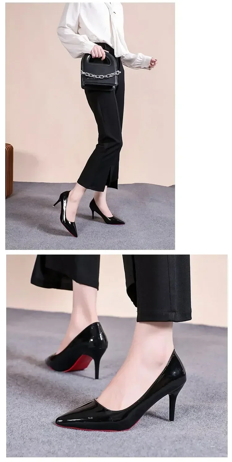 Sexy Pointed Toe Patent Leather High Heels Temperament Girl Sole Party Dress Stiletto Pumps Classic Black Work Single Shoes