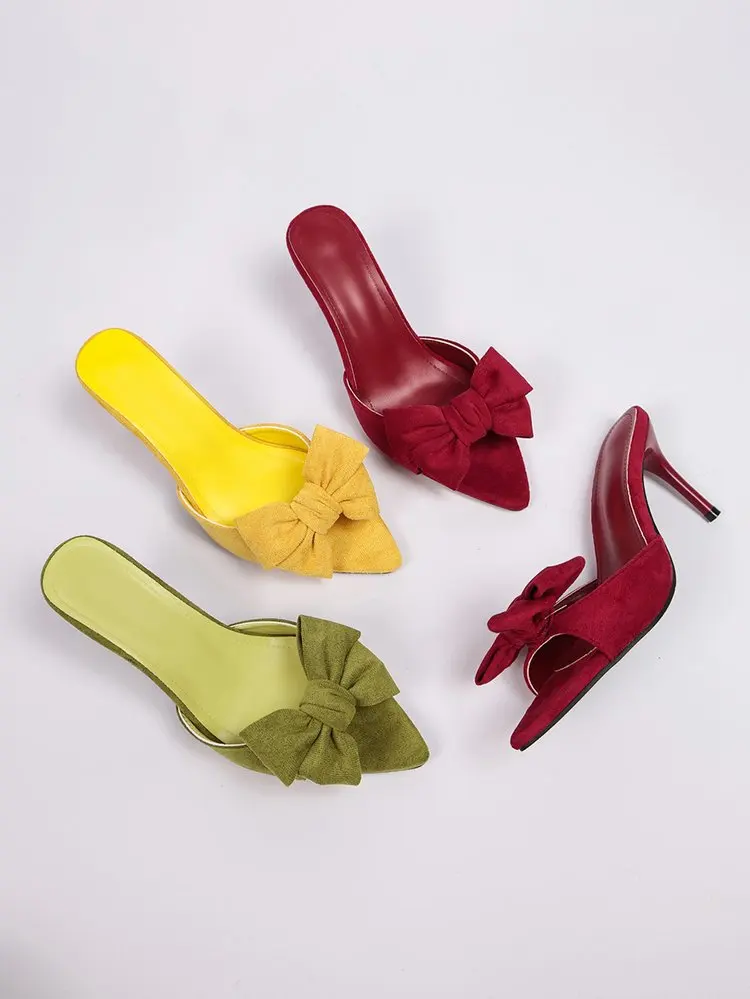 Women Bow Decor Slide Mules, Pointed Open Toe Stiletto High Heel Slippers, Solid Color Suede Summer Party Sandals