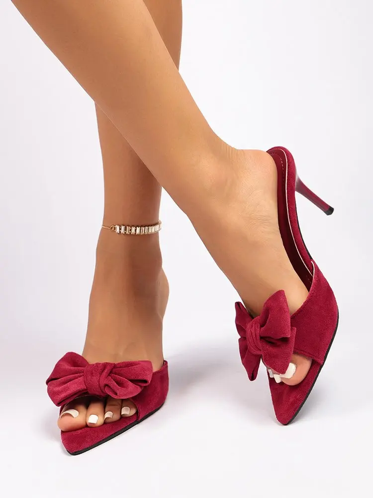 Women Bow Decor Slide Mules, Pointed Open Toe Stiletto High Heel Slippers, Solid Color Suede Summer Party Sandals