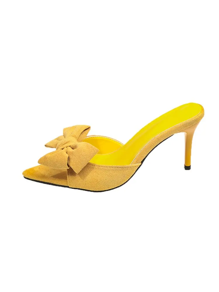 Women Bow Decor Slide Mules, Pointed Open Toe Stiletto High Heel Slippers, Solid Color Suede Summer Party Sandals
